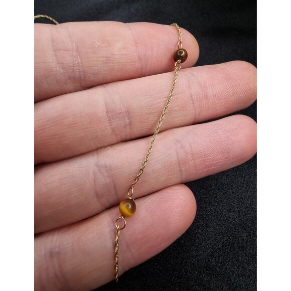 14K Solid Gold Tiger Eye Necklace With Delicate Chain & Beaded Design - Picture 5 of 6